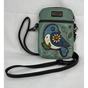 Chala Crossbody Cellphone Purse Handbag Blue Bird Charm Adjustable Green EUC
